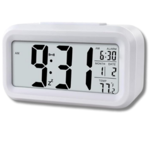 LCD Digital Alarm Clock with Night Light, Date and Temperature Display, Snooze Function, 12/24 Hour Conversion, White, 5.35 Inch